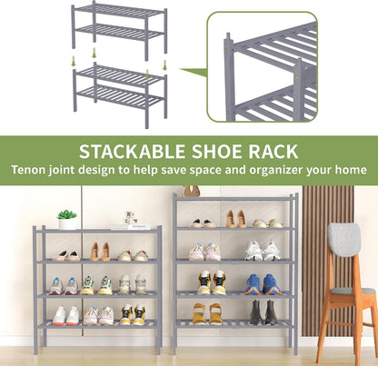 ROMGUAR CRAFT 3 Tier Bamboo Shoe Rack for Closet Free Standing Wood Shoe Shelf Storage Organizer for Entryway Small Space Stackable 27"x11"x20" (Natural)