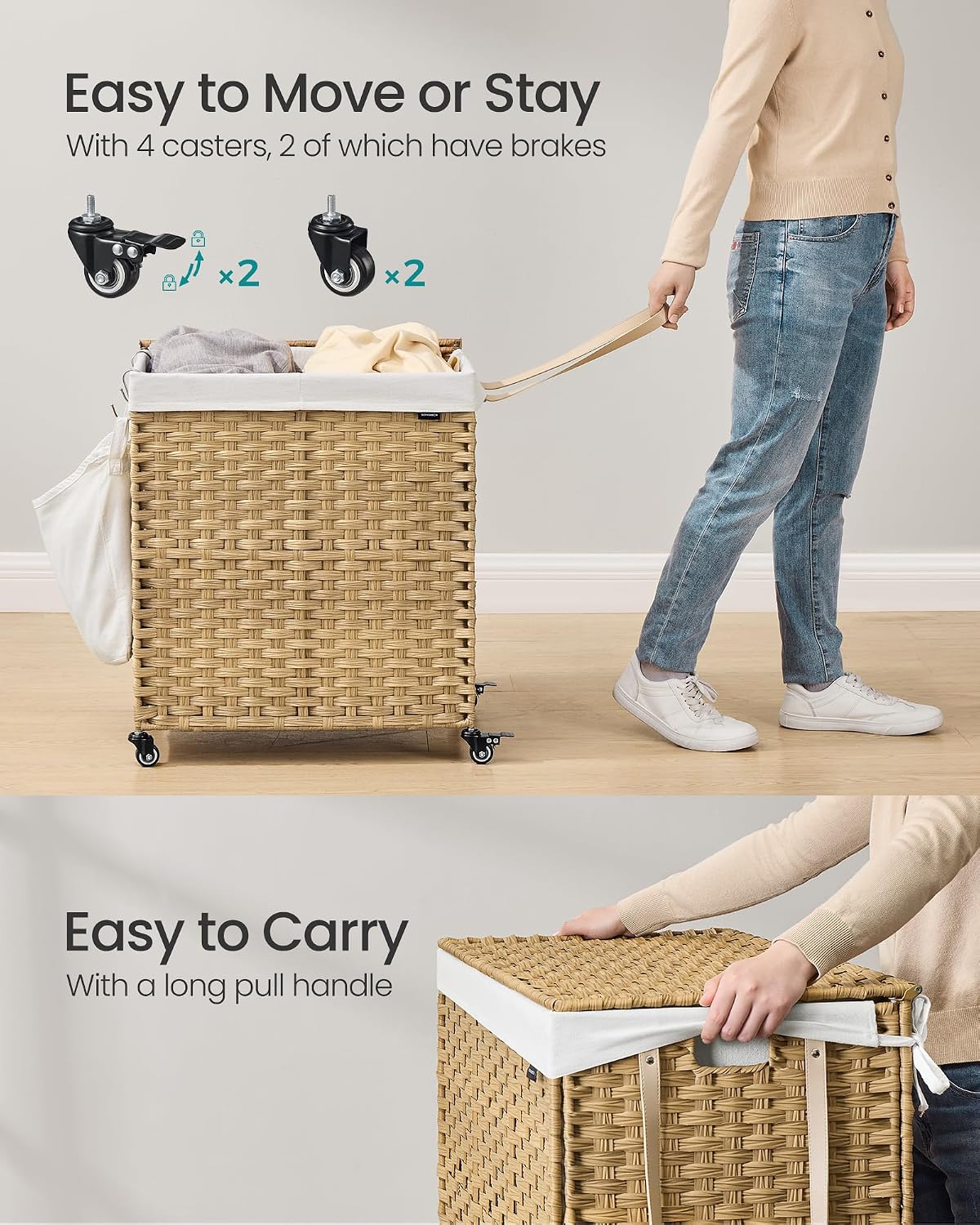 SONGMICS Laundry Hamper with Lid, 37 Gallons (140 L), Rolling Laundry Basket with Wheels, 3-Section Synthetic Rattan, Removable Liner, Bedroom, 26 x 13 x 26 Inches, Gray ULCB363G01