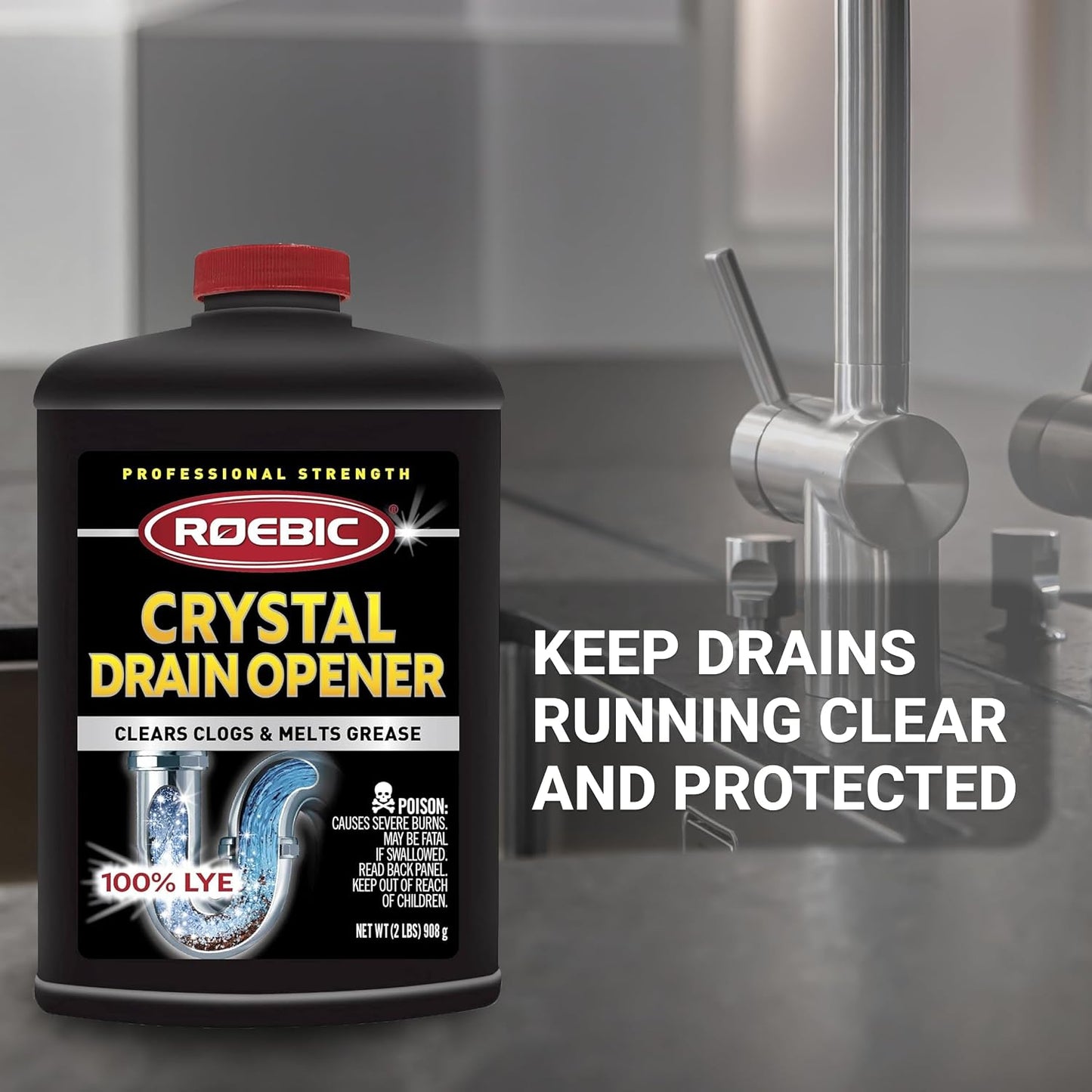 Roebic Liquid Drain Cleaner, Kitchen Sink Grease and Pipe Clog Remover, Professional Strength, 32 fl oz (1 Quart)