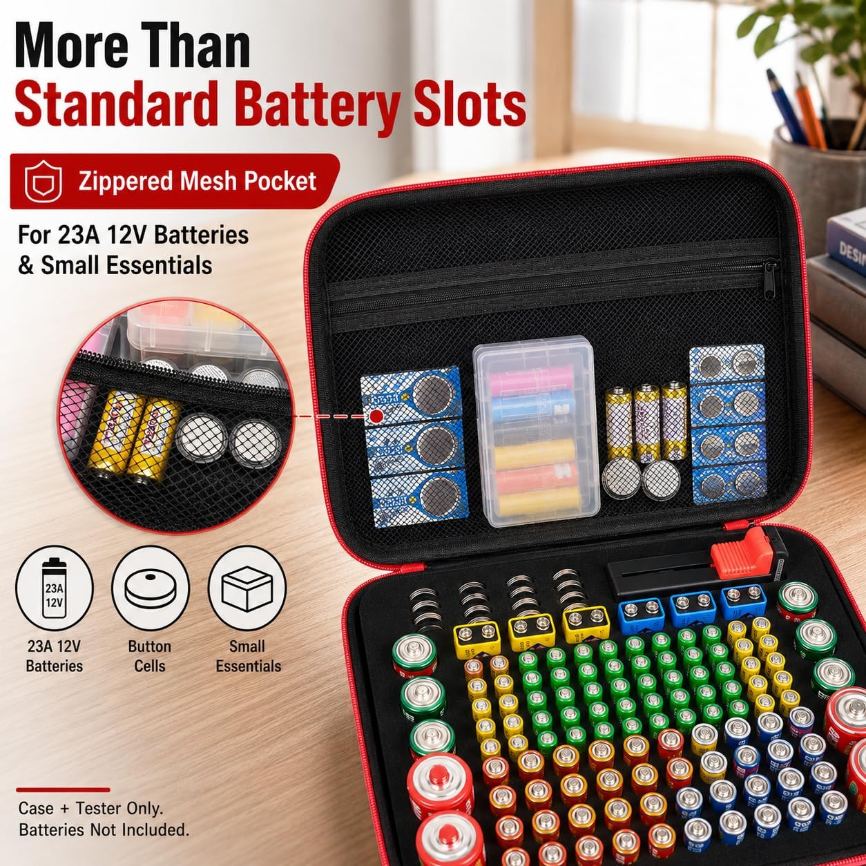 ALKOO 136+ Battery Organizer Storage Case with BT-168 Tester | AA AAA C D 9V & Button Cells Batteries Holder Box, Foam Protection, Home / Garage / Drawer Organization, Case Only, Red