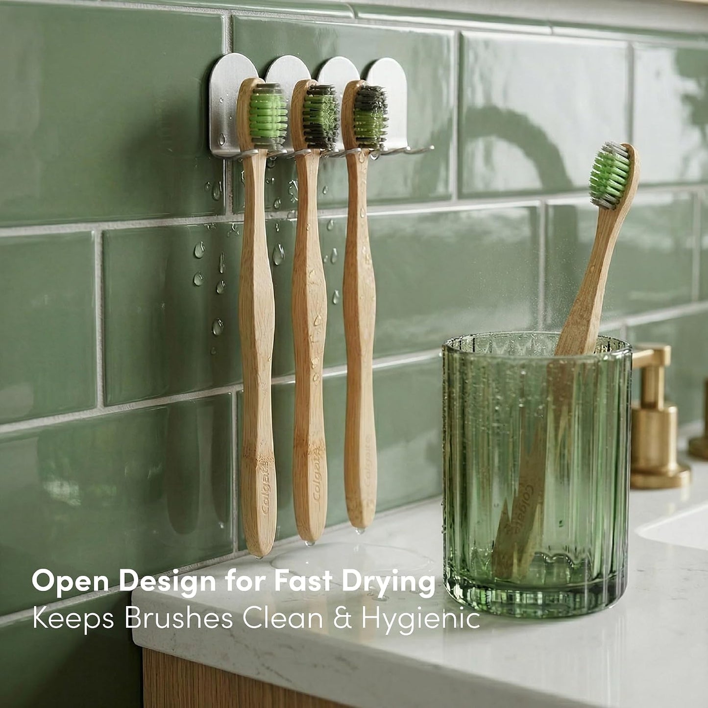 Aluminum Toothbrush Holder, Set of 4 Wall Mounted Self-Adhesive Clips, Anodized Finish for Quick-Dry Storage – No Drilling Required