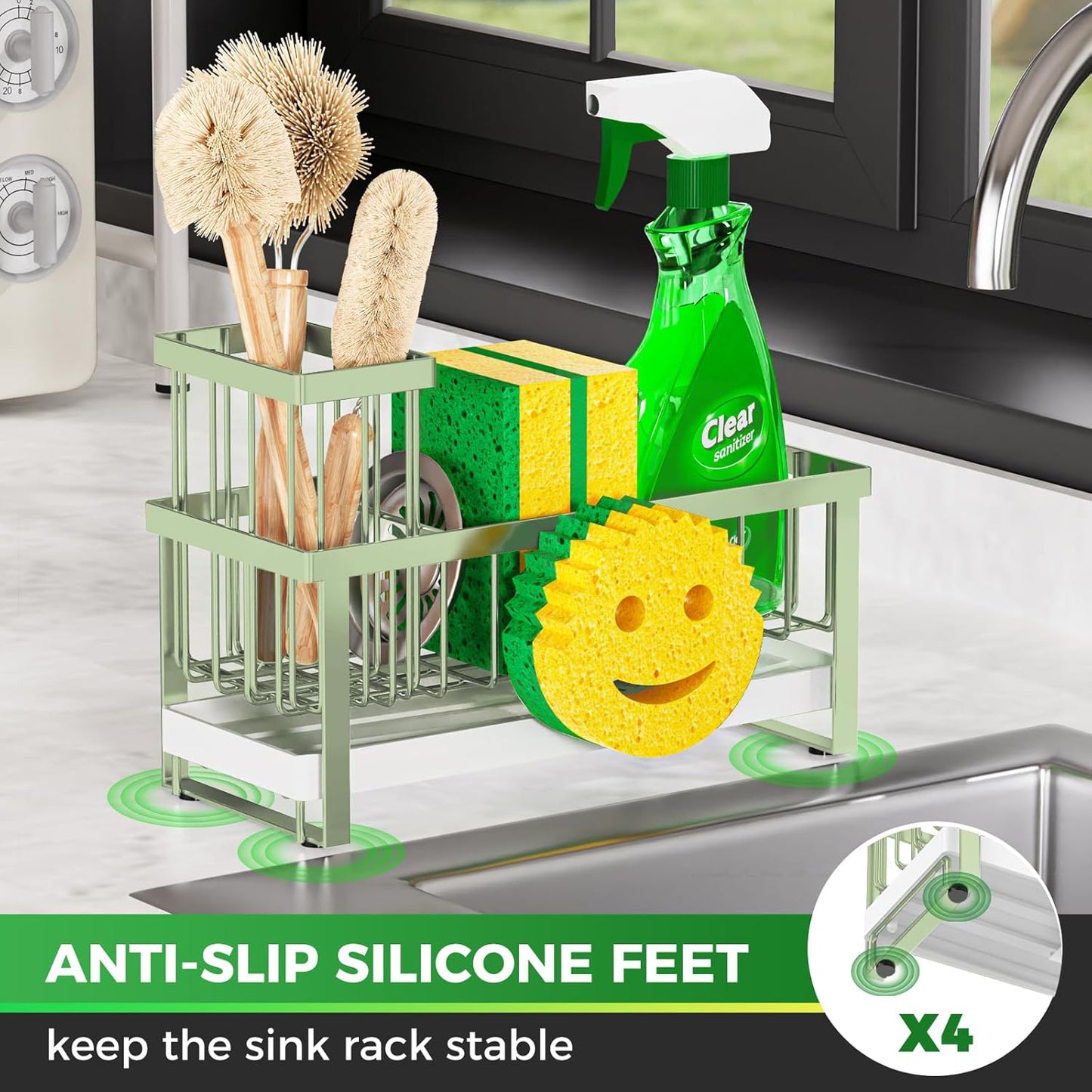 Sponge Holder for Kitchen Sink,Smiley Face Sink Caddy with Removable Brush Holder,Self-Draining Sponge Caddy for Soap,Dish Brush,Scrubber,Kitchen Essentials and Gadgets-Silver