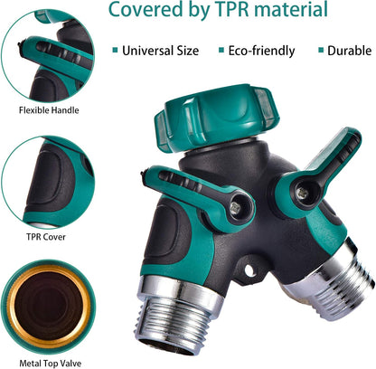 Garden 2 Way Hose Splitter Y Connector with Comfortable Rubber Grip and 360 °Rotatable Top Quick Connect Garden Hose Tee Equipment Valve Shut Off (Green 2)