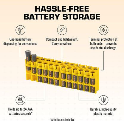 AA Battery Storage Caddy by Storacell, Yellow - Holds 24 Batteries (Not Included)