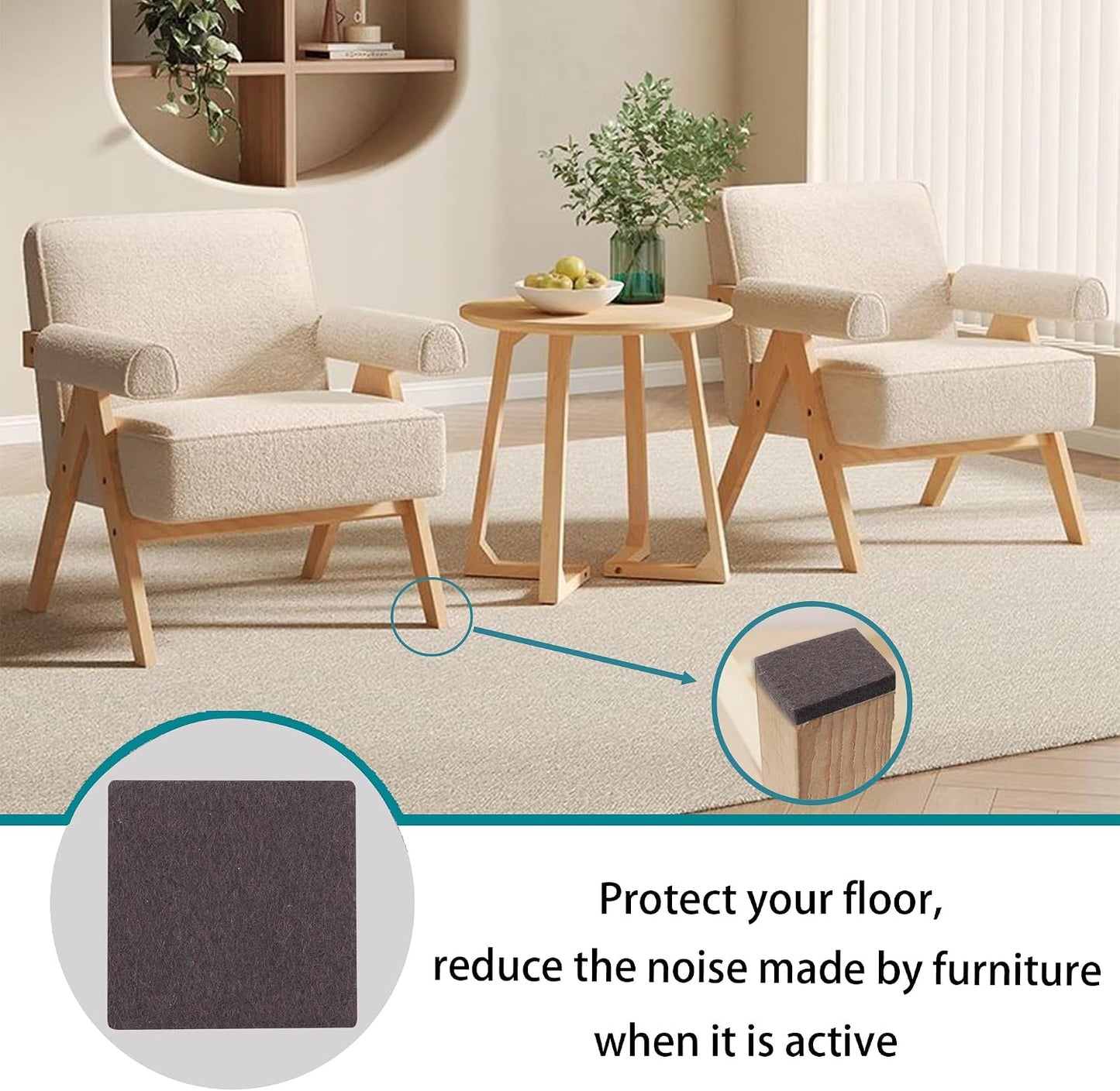 1.5inch Square Felt Furniture Pads, 16Pcs Self Adhesive Cuttable Felt Furniture Leg Pads Floor Protectors Furniture Sliders for Hardwoods Floors, Brown