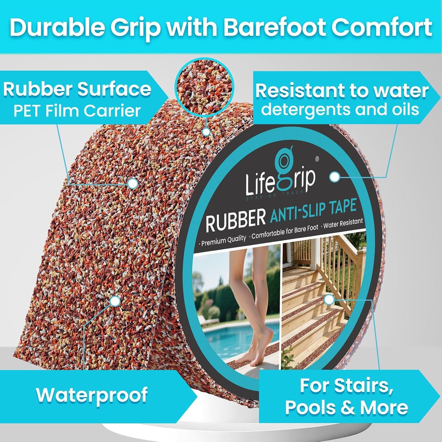 Lifegrip Anti Slip Tape, 4 Inch x 15 Foot Non-Slip Traction Grip Tape for Stairs, Waterproof Stair Treads Grip Non Slip, Non Skid Tape for Steps, Outdoor Black Grip Tape (4" X 15')