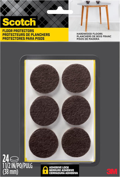 Scotch Felt Pads, Felt Furniture Pads for Protecting Hardwood Floors, Round, Brown, 1.5-in Diameter, 24 Pads