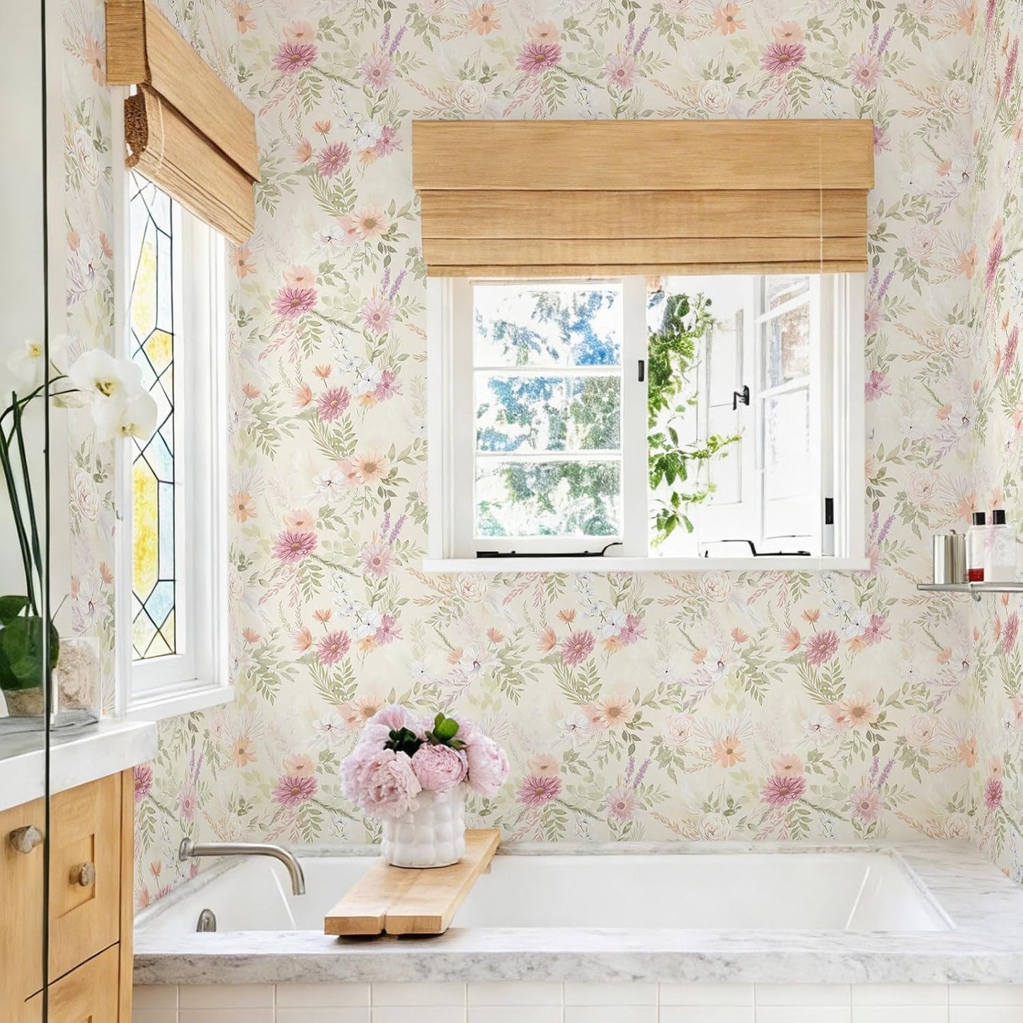 Dimoon 17.3''x78.7'' Peel and Stick Wallpaper Floral Cute Contact Paper Vintage Village Country Cottage Wallpaper Farmhouse Yellow Beige Renter Friendly Geometry Waterproof Embossed Kitchen Bedroom