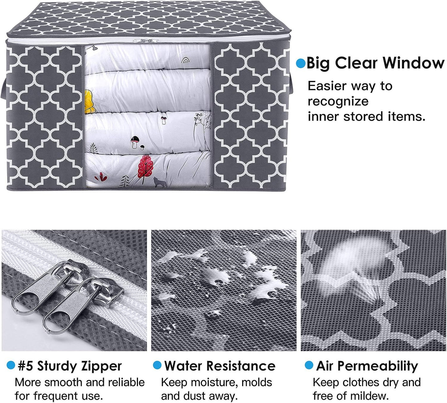 WISELIFE Storage Bags, Large Blanket Clothes Organization and Storage Containers for Bedding, Comforters, Foldable Organizer with Reinforced Handle, Clear Window,Sturdy Zippers,(Grey, 3 x 100L)