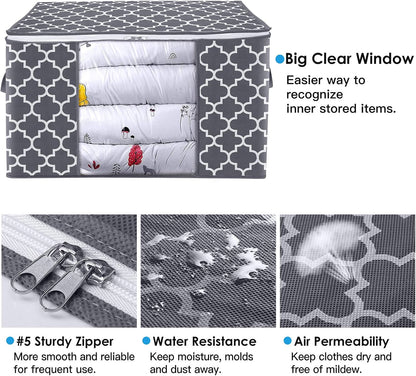 WISELIFE Storage Bags, Large Blanket Clothes Organization and Storage Containers for Bedding, Comforters, Foldable Organizer with Reinforced Handle, Clear Window,Sturdy Zippers,(Grey, 3 x 100L)