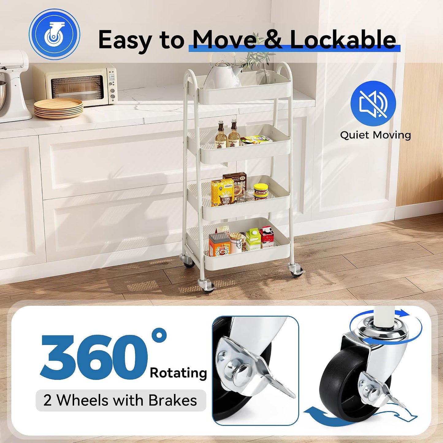OLIXIS Metal 4 Tiers Utility Rolling Cart, Mobile Storage Shelf with Lockable Caster Wheels, Organization for Livingroom, Bathroom, Kitchen, & Narrow Places, 4-Tier Green