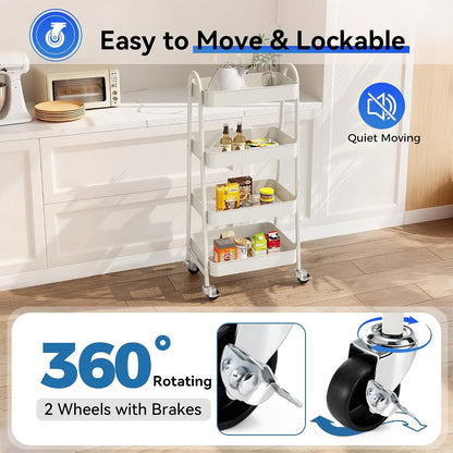 OLIXIS Metal 4 Tiers Utility Rolling Cart, Mobile Storage Shelf with Lockable Caster Wheels, Organization for Livingroom, Bathroom, Kitchen, & Narrow Places, 4-Tier Green