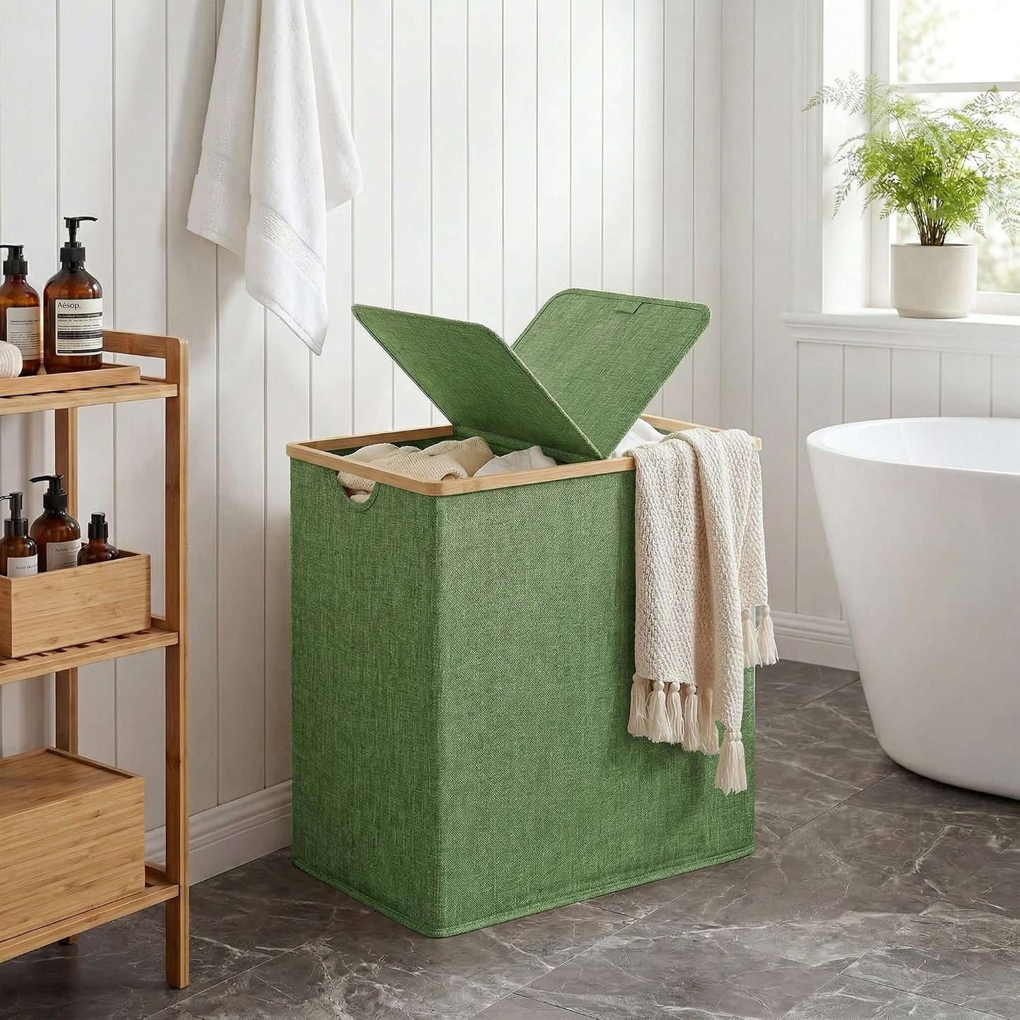 efluky Laundry Hamper with Lid, Trio Laundry Basket with 2 Removable Bags, 3 Section Laundry Bin with Bamboo Handles for Bathroom, Bedroom & Laundry Room, 160L (42.3 Gallon) Beige