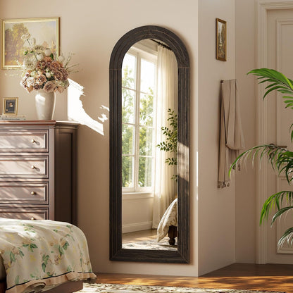 XRAMFY Full Length Mirror 65" x 22", Arched Large Floor Mirror with Solid Wood Frame, Freestanding & Wall Mounted, Antique Brown Finish for Bedroom Living Room