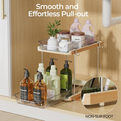 Delamu 2 Tier Under Sink Organizer Bathroom, Bathroom Cabinet Organizer with Snap-Lock Design and Hooks, Pull Out Storage with Movable Dividers, for Countertop, Kitchen and Pantry (Clear, 2 Pack)
