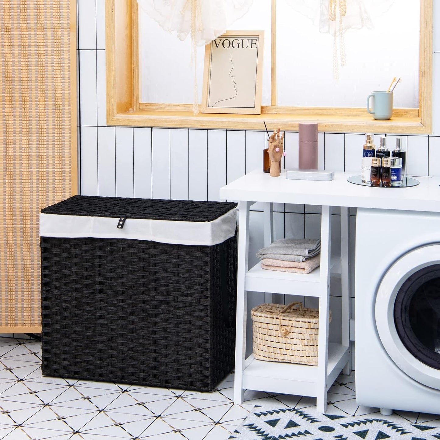 GOFLAME Laundry Hamper with Lid and Wheels, 125L Hand Woven Rattan Laundry Basket with 3 Divided Sections, Handles, 2 Removable and Washable Liner Bags, Dirty Clothes Hamper for Bedroom (Natural)