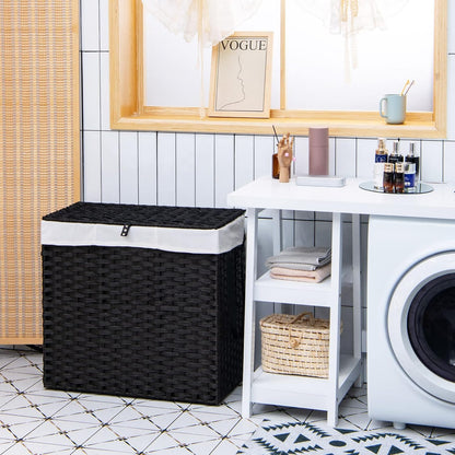 GOFLAME Laundry Hamper with Lid and Wheels, 125L Hand Woven Rattan Laundry Basket with 3 Divided Sections, Handles, 2 Removable and Washable Liner Bags, Dirty Clothes Hamper for Bedroom (Natural)