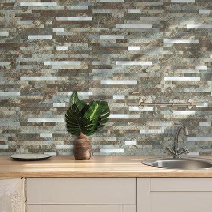 AULIGET 20 Sheets Peel and Stick Backsplash, Black & Grey Wood Look PVC Mixed Metal Stick on Backsplash Tiles for Kitchen