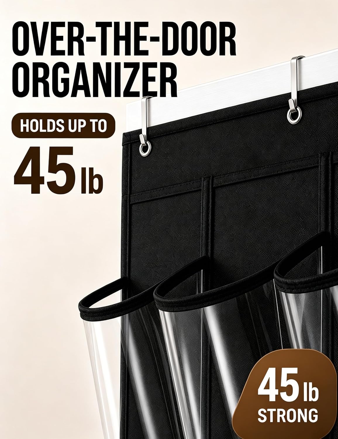 Over the Door Shoe Organizer with 24 Crystal Clear Pockets and Metal Hooks – Heavy Duty Hanging Shoe Storage Rack for Closet, Bathroom, Dorm – Space Saving for Shoes, Accessories, Toys (White)