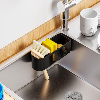 Rustproof Kitchen Sink Organizer for Countertop,Multifunctional Sink Organizer Caddy & Organization,Scrub Brush and Sponge Holder,Plastic Sink Storage Rack,Sponge Drain Rack,Dish Soap Dispenser,Black