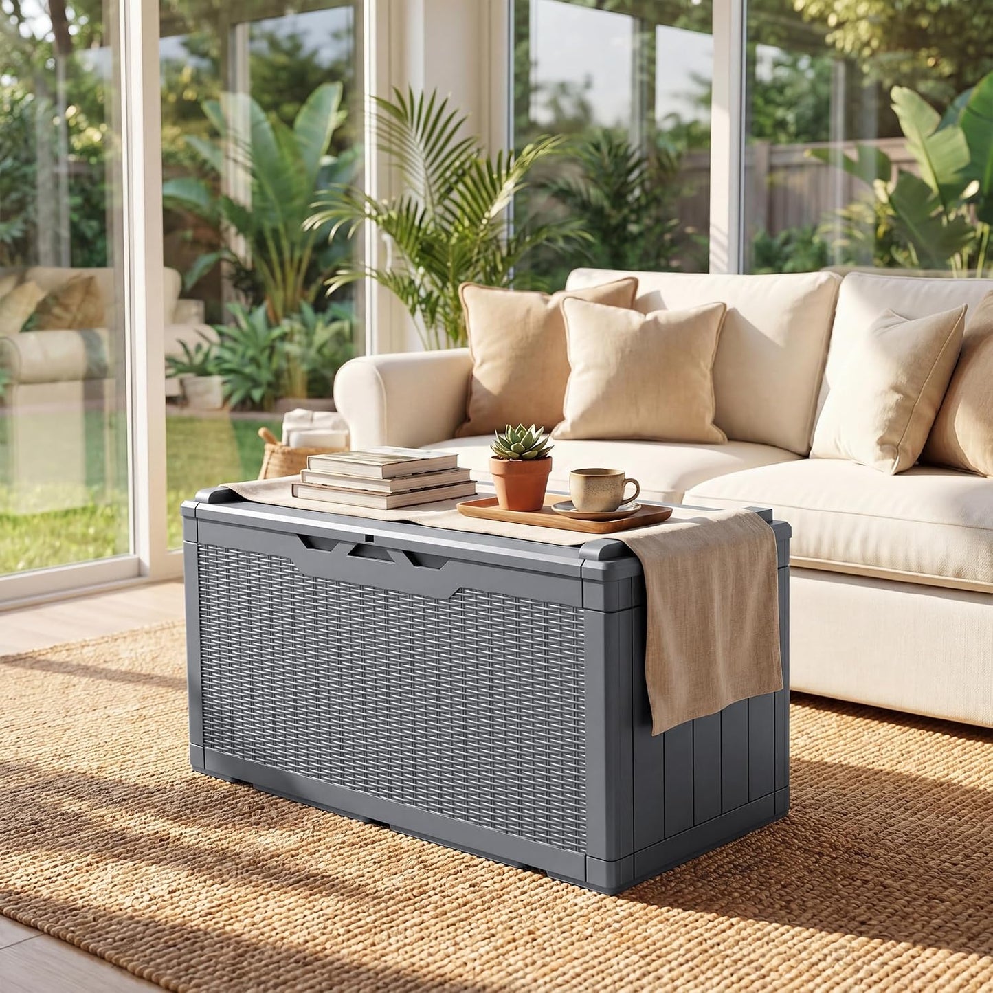 JUMMICO 31 Gallon Resin Deck Box Waterproof Indoor Outdoor Storage Boxes for Patio Furniture Cushions and Garden Tools (Brown)