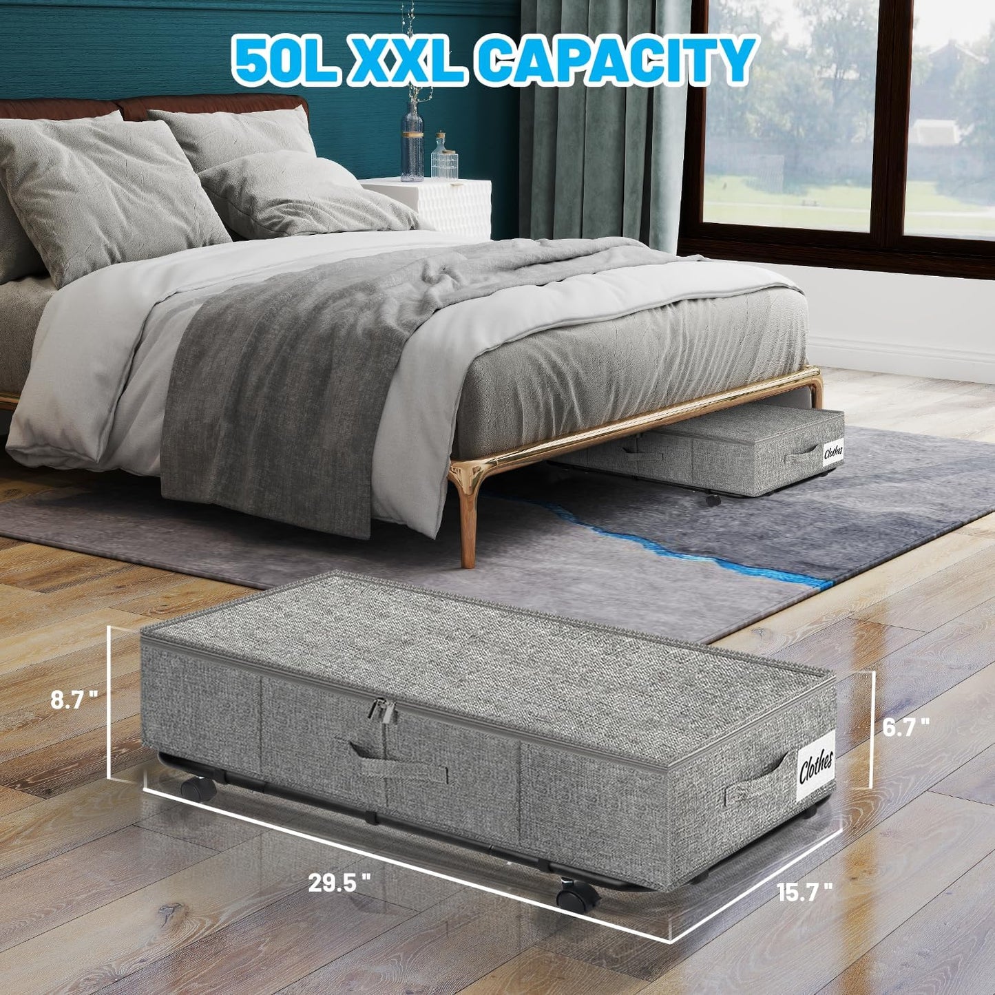 Under Bed Storage with Wheels, 2-Pack 10" Height XXL 75L Rolling Storage Bins, Quick Assembly Underbed Shoe Storage Containers with Clear Lid & Label, Dorm Under Bed Drawers for Clothes, Shoes, Black