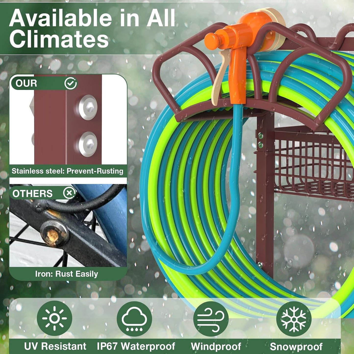 Qatsrin Upgraded Garden Hose Holder with Large Basket, Heavy Duty Water Hose Holder Supports 160-ft Hoses, Freestanding Detachable Hose Stand Storage Reel Hanger Rack for Yard Lawn Farm