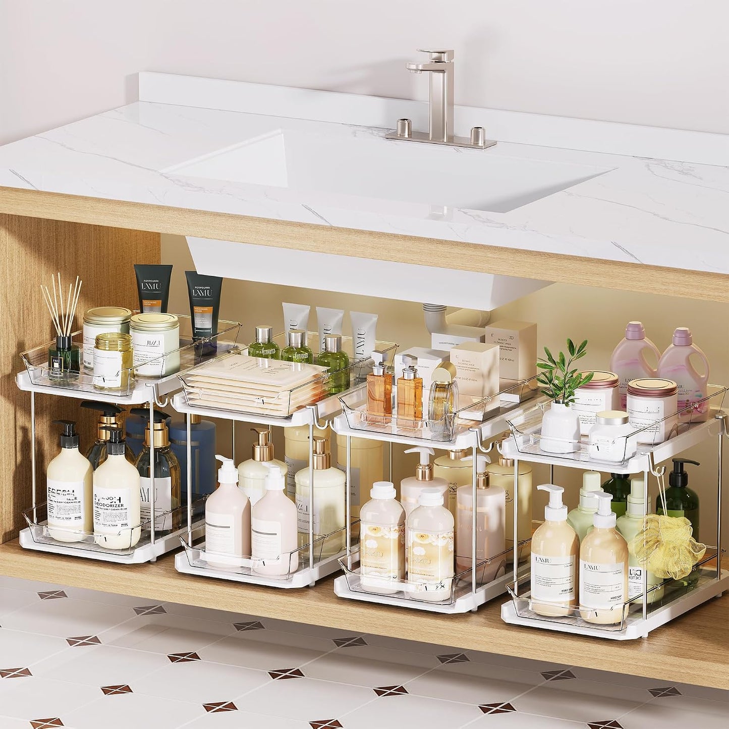 Delamu 2 Tier Under Sink Organizer Bathroom, Bathroom Cabinet Organizer with Snap-Lock Design and Hooks, Pull Out Storage with Movable Dividers, for Countertop, Kitchen and Pantry (Clear, 2 Pack)