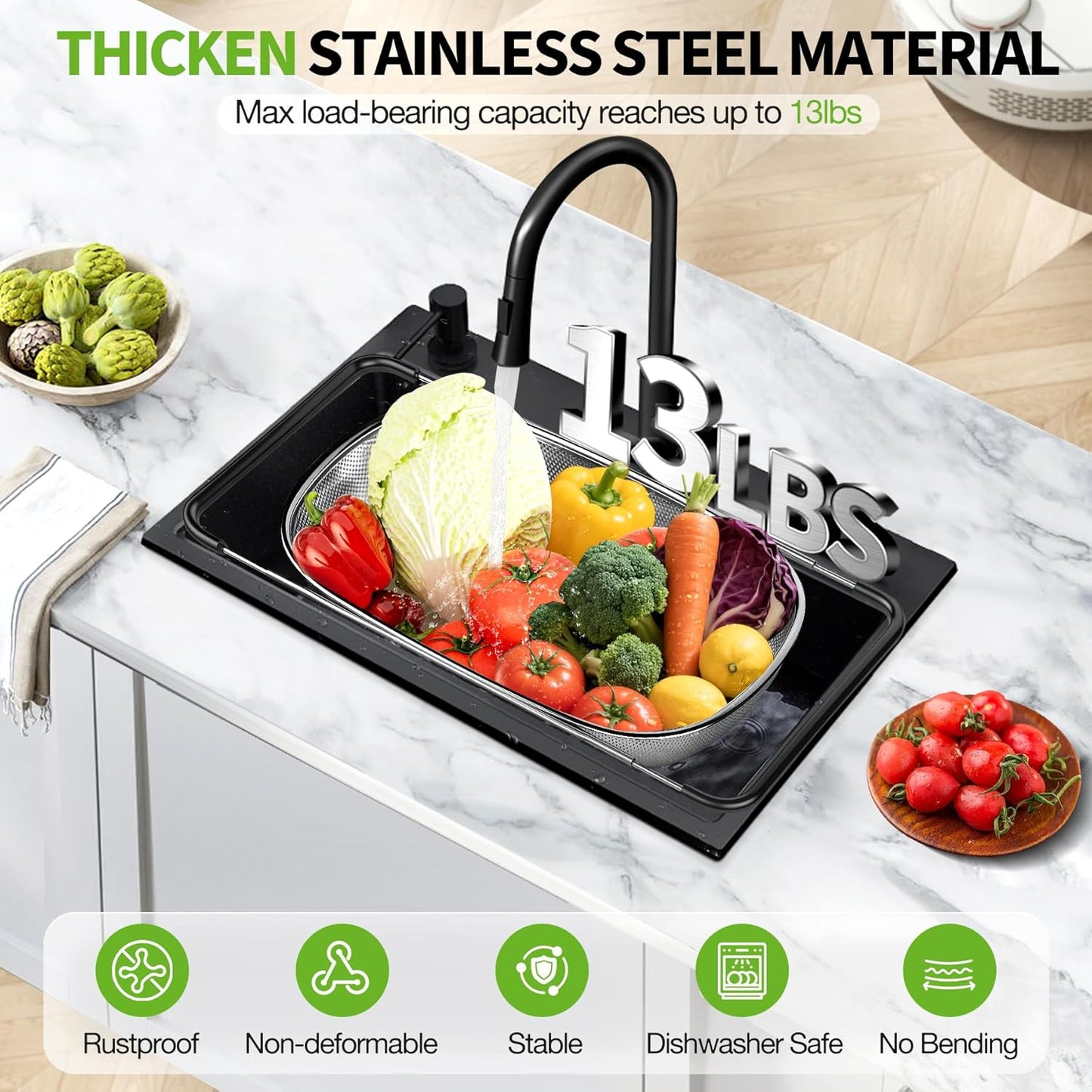 FirstE Over the Sink Colander Strainer Basket 6 Quart, Fine Mesh Stainless Steel Colander with Expandable Anti-slip Rubber Grip Handles, Kitchen Sink Vegetable Strainer for Drain Pasta, Rinse Fruits