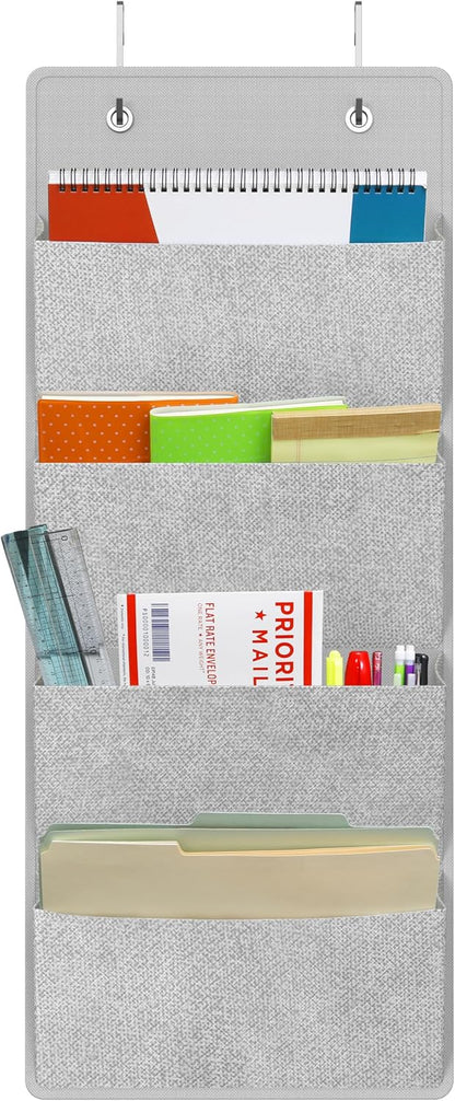 Simple Houseware Over the Door Hanging Wall File Organizer, 4 Pocket File Holder with 13" Width for Office Supplies Storage, Grey