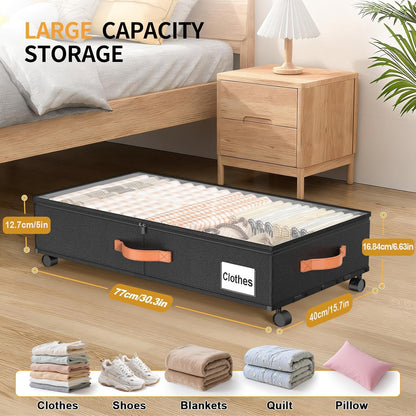Under Bed Storage Containers with Wheels Large Underbed Shoes Blankets Clothes Toy Storage Drawers for College Dorms Bedrooms Nursery Rooms Organization (Black 2 Pack, 7.5in height(36"x16.6"x7.48"))