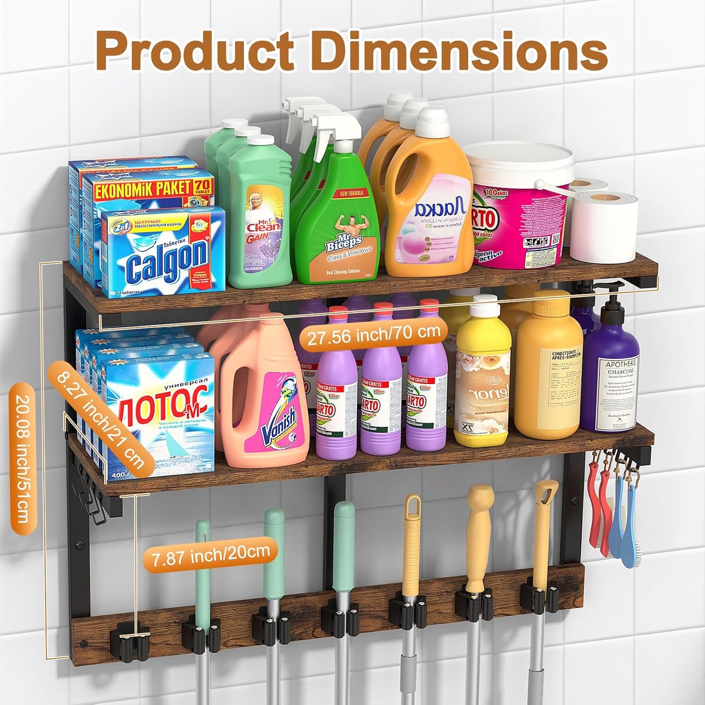 Housolution Broom Holder Wall Mount with Cleaning Supplies Organizer, 100 LBS High Load-Bearing Laundry Room Storage Shelves, Multifunctional Mop Hanger Rack with 7 Grippers & 8 Hooks