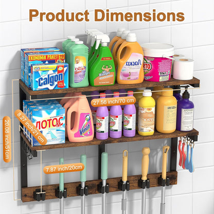 Housolution Broom Holder Wall Mount with Cleaning Supplies Organizer, 100 LBS High Load-Bearing Laundry Room Storage Shelves, Multifunctional Mop Hanger Rack with 7 Grippers & 8 Hooks