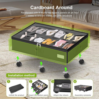 homyfort Under Bed Shoe Storage with Wheels, Fits 24 Pairs, Rolling Shoe Organizer with Bottom Support & Clear Lids, Sturdy Under Bed Storage Box for Shoes, Set of 2, Grey