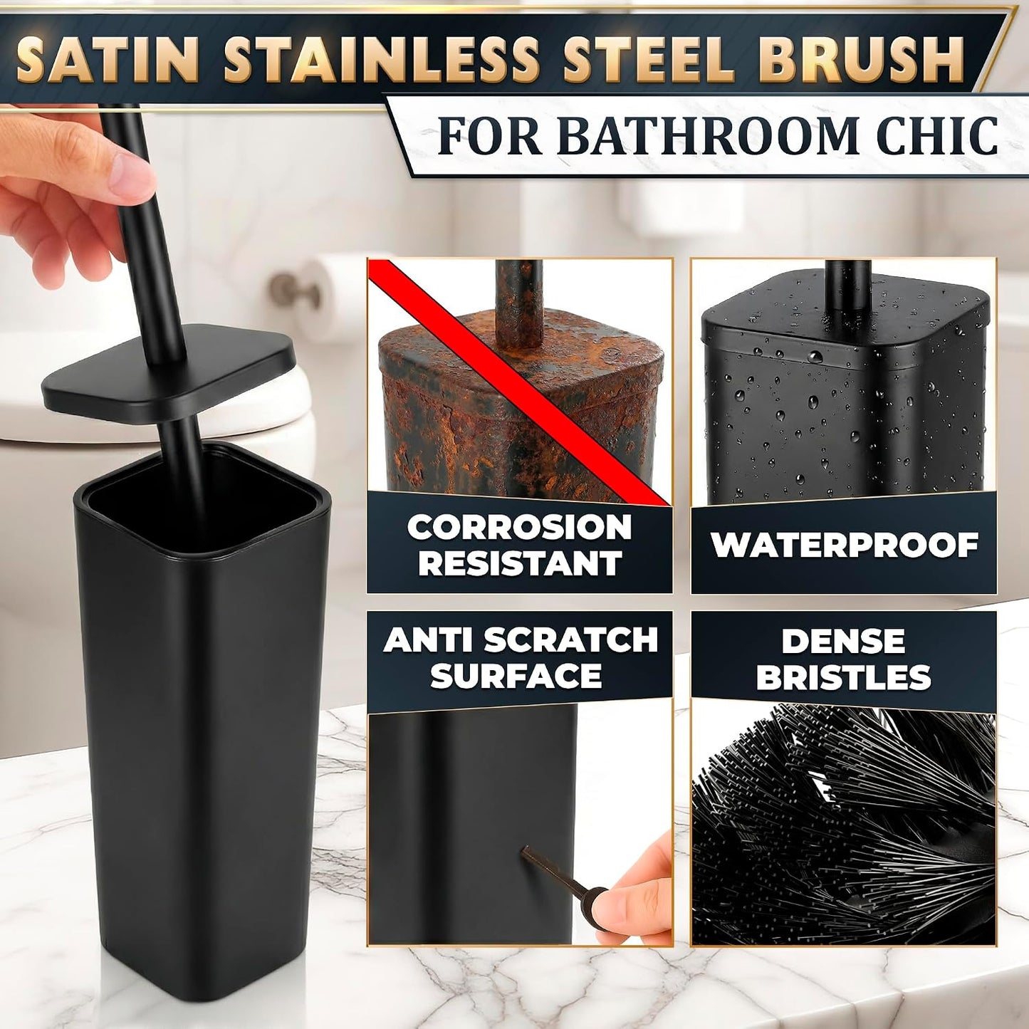 Black Toilet Brush and Holder Set - Slim Matte Design that Fits Anywhere - Stainless Steel Toilet Bowl Brush and Holder with 2 Rounded Corners, Replaceable Head, Removable Inner Bowl & Splash Guard