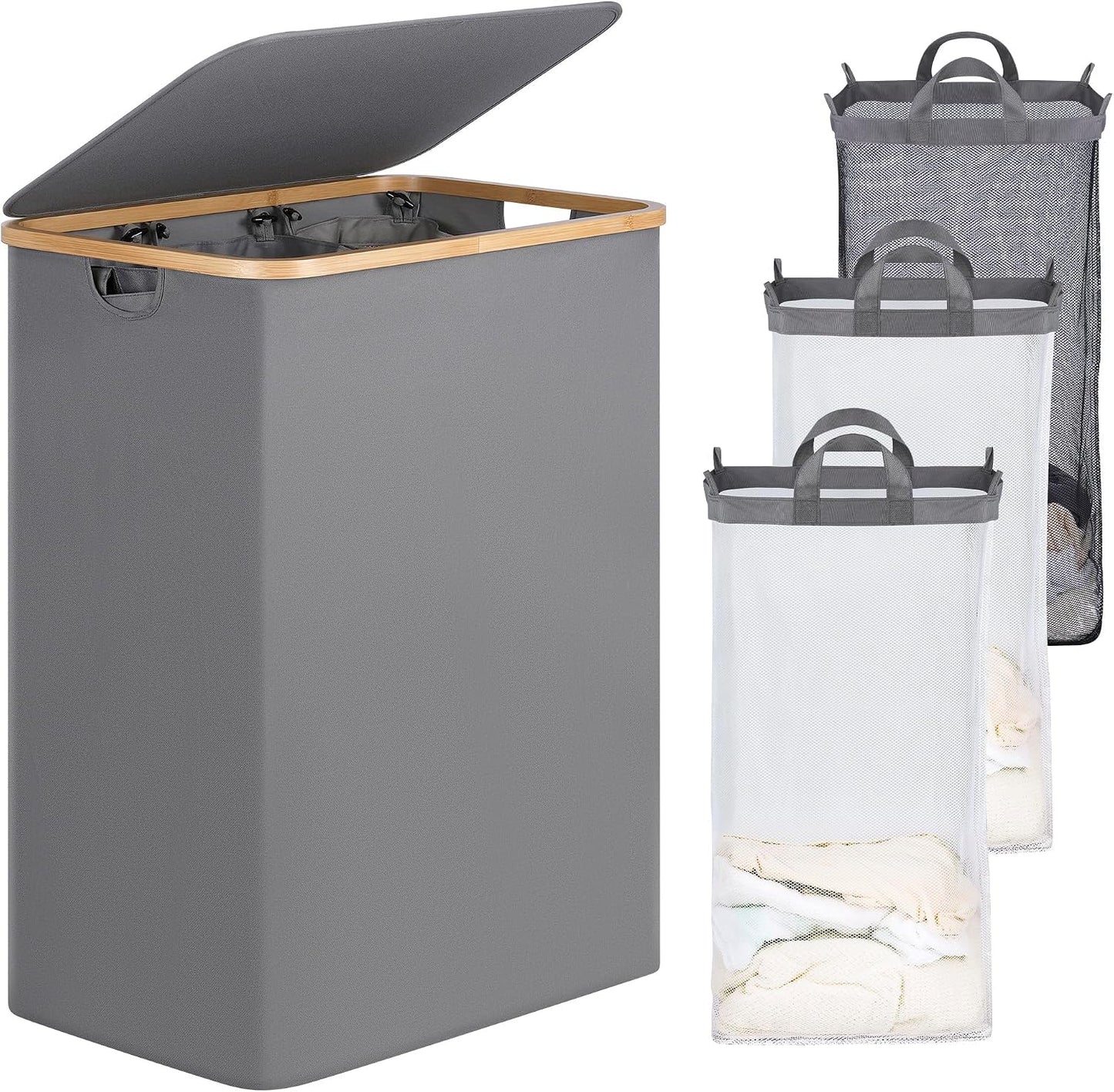 efluky Laundry Hamper with Lid, Trio Laundry Basket with 2 Removable Bags, 3 Section Laundry Bin with Bamboo Handles for Bathroom, Bedroom & Laundry Room, 160L (42.3 Gallon) Beige