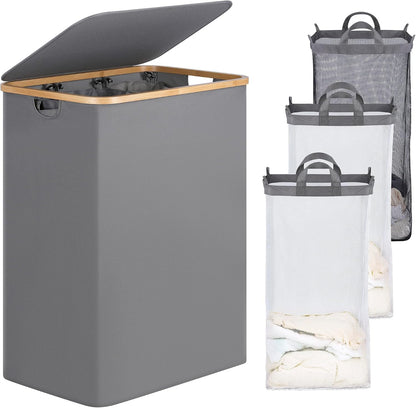 efluky Laundry Hamper with Lid, Trio Laundry Basket with 2 Removable Bags, 3 Section Laundry Bin with Bamboo Handles for Bathroom, Bedroom & Laundry Room, 160L (42.3 Gallon) Beige