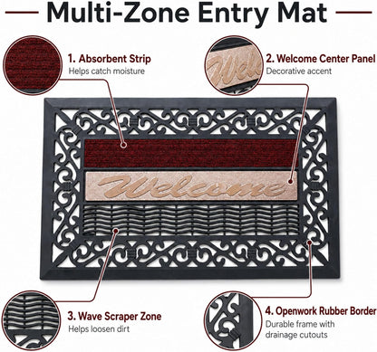 ROOM127 Outdoor Doormat, 28.3" x 16.9", Heavy Duty Rubber Scraper Door Mat | Multi-Zone Cleaning, Absorbent Strip, Open Drainage, Non-Slip Indoor Outdoor Rug for Front Door Patio Garage Mudroom