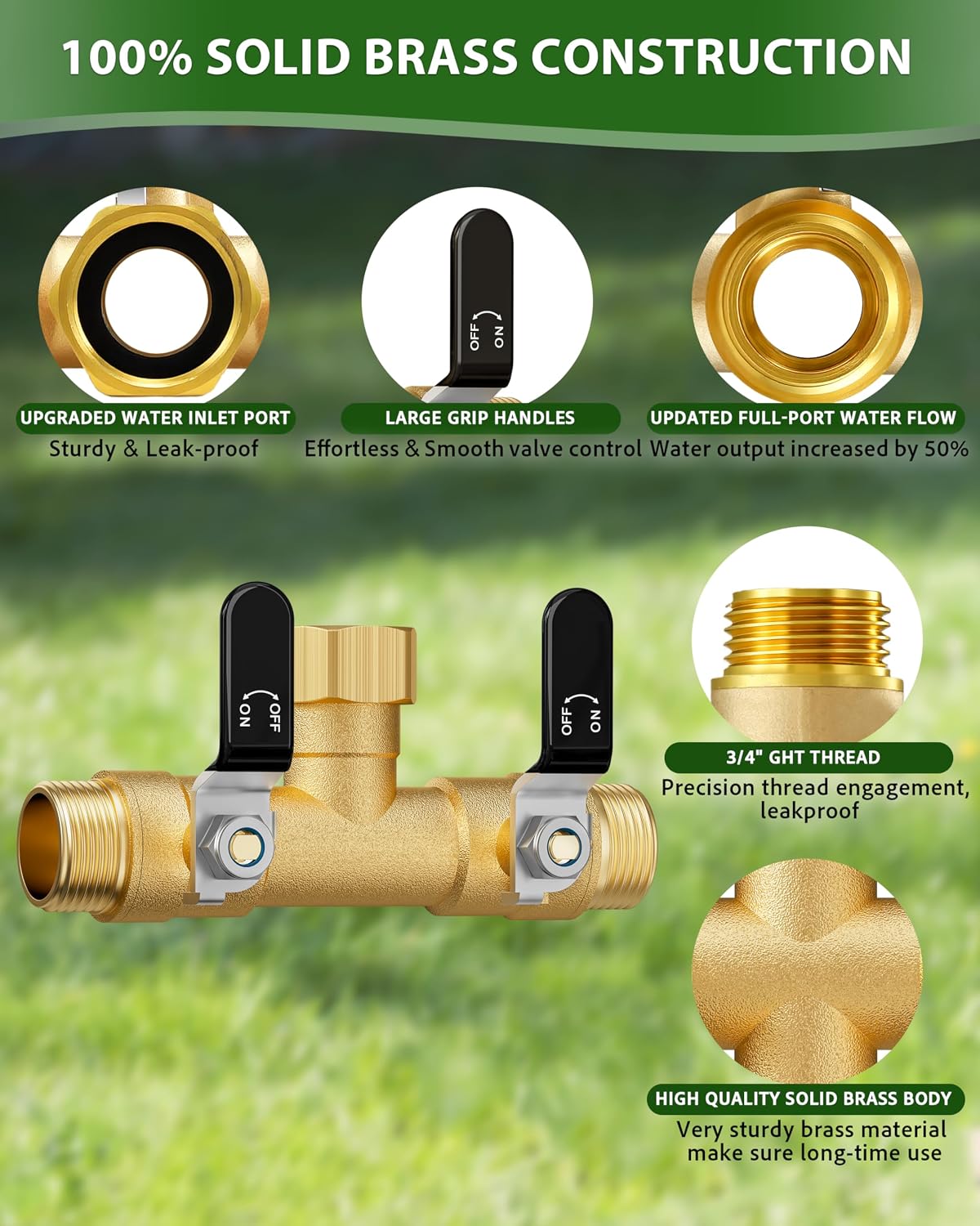 Hose Splitter 2 Way, Heavy Duty Brass Garden Hose Splitter, Water Hose Bib Spigot Splitter with 0.59" Full Flow Ball Valve Outlet & Shut-Off Valve 3/4'' Connector Outdoor Water Faucet Adapter