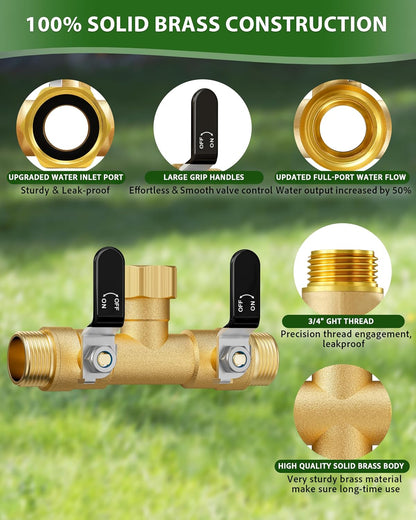 Hose Splitter 2 Way, Heavy Duty Brass Garden Hose Splitter, Water Hose Bib Spigot Splitter with 0.59" Full Flow Ball Valve Outlet & Shut-Off Valve 3/4'' Connector Outdoor Water Faucet Adapter