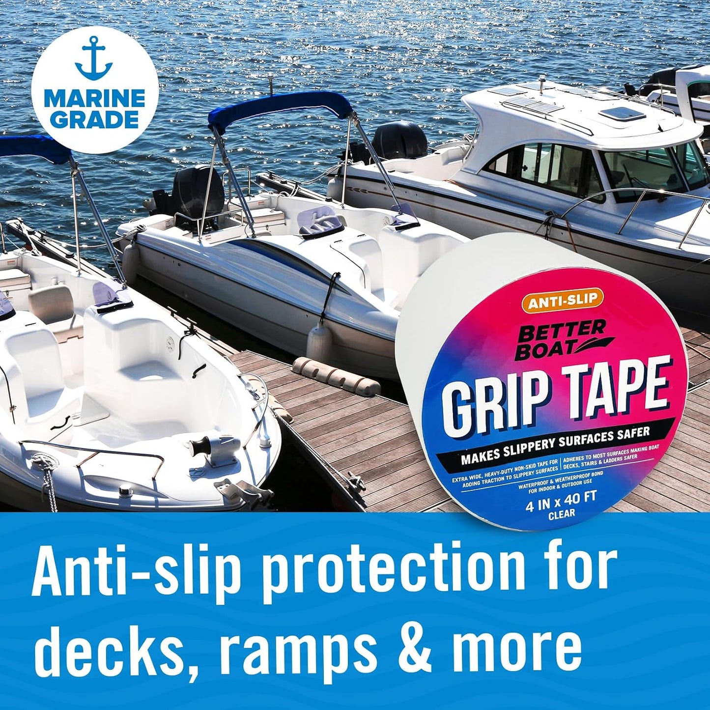 Better Boat Anti Slip Tape for Outdoor Stair Treads, Non-Skid Grip for Stairs and Steps, 4" x 40ft Roll, Clear Waterproof Traction, Weather-Resistant Friction Floor Tread for Dogs and Steps