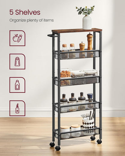 VASAGLE Slim Rolling Cart, 4-Tier Narrow Storage Cart with Handle, 5.1 Inches Deep, Metal Frame, for Kitchen, Dining Room, Living Room, Home Office, Rustic Brown and Classic Black ULRC032B01V1