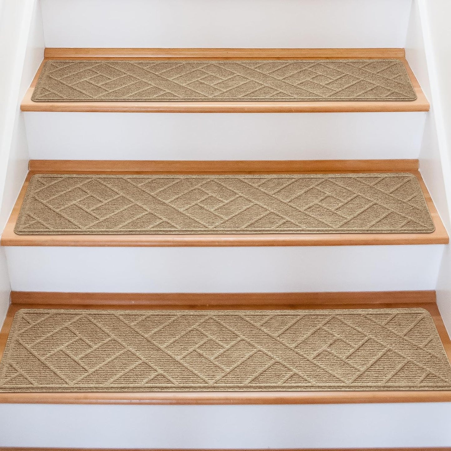 15 Pack 8 "X 30" Non-Slip Carpet Stair Treads for Indoor Wooden Steps, Made of Polyester and Reusable Adhesive, Suitable for Kids Elders and Pets（Black Lines）