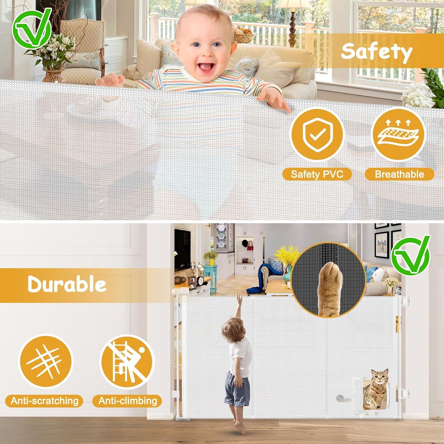 Reinforced 60” Wide Retractable Pet Gate with Cat Door Mesh Baby Gate for Stairs with Reinforced Strips Retractable Dog Gates with Cat Door Mesh Dog Gates for Doorways Separating Dogs from Cats, White
