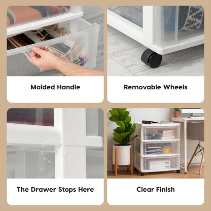 IRIS USA Plastic Drawer Storage Organizer Rolling Cart, with Wheels Casters, 3-Drawers, for Art Craft Supplies Bathroom Dorm Bedroom Laundry Room, Wide, White