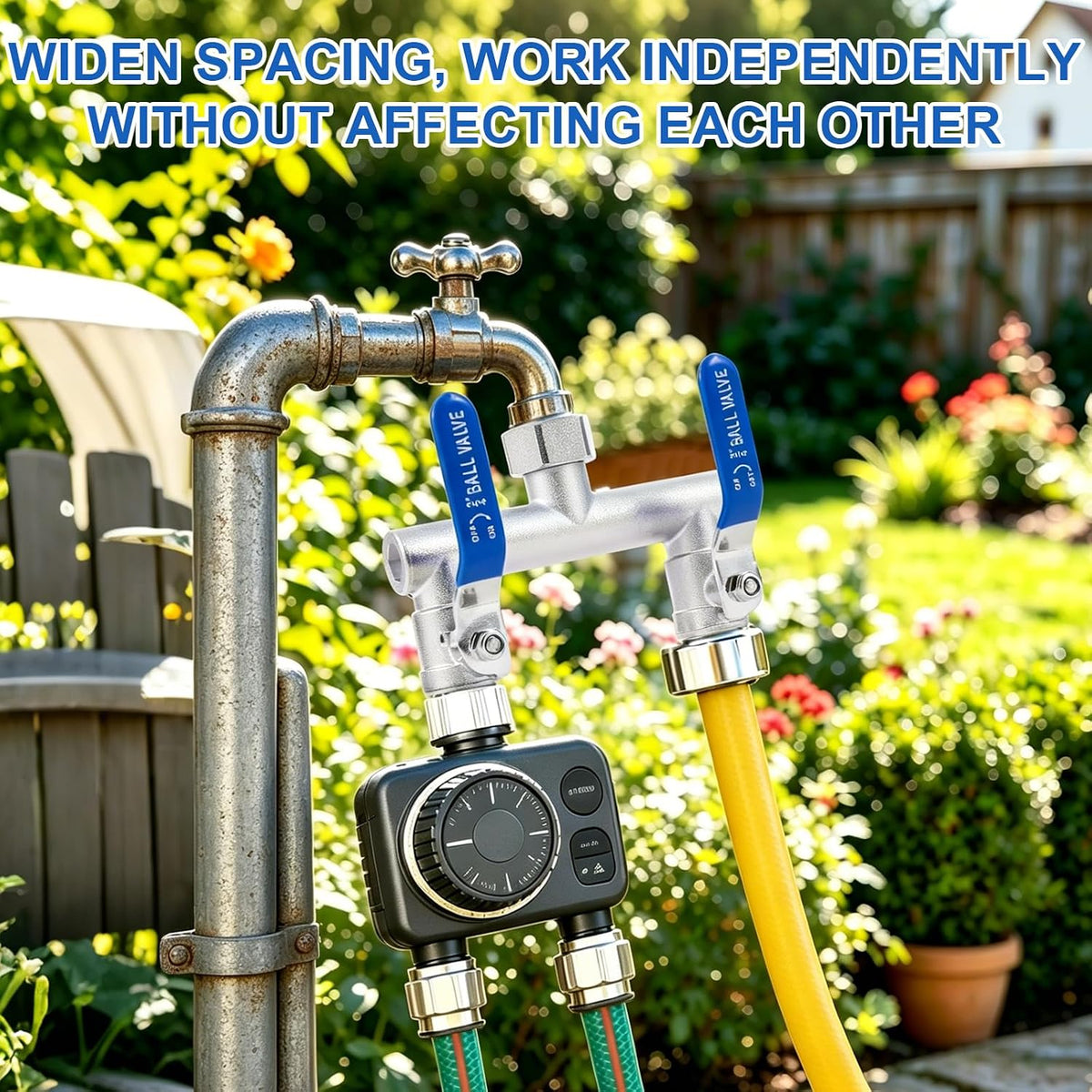 2 Way Garden Hose Splitter, 304 Stainless Steel T Valve, Full Flow with Long Handle, Lead-Free Rust & Freeze Resistant, 3/4" GHT Thread Outdoor Hose Adapter