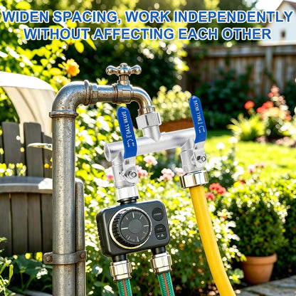 2 Way Garden Hose Splitter, 304 Stainless Steel T Valve, Full Flow with Long Handle, Lead-Free Rust & Freeze Resistant, 3/4" GHT Thread Outdoor Hose Adapter