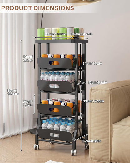 4 Tier Slim Fridge Side Cart with Slide Track Pull Out Baskets, Rolling Metal Kitchen Gap Storage Trolley