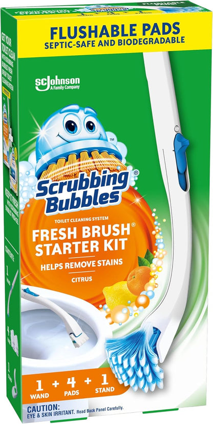 Scrubbing Bubbles Toilet Bowl Cleaning System with Flushable & Disposable Cleaner Refill Pads, Fights Odors and Helps Remove Limescale & Hard Water Stains, Citrus Scent, 1 Wand + 4 Refills + 1 Stand