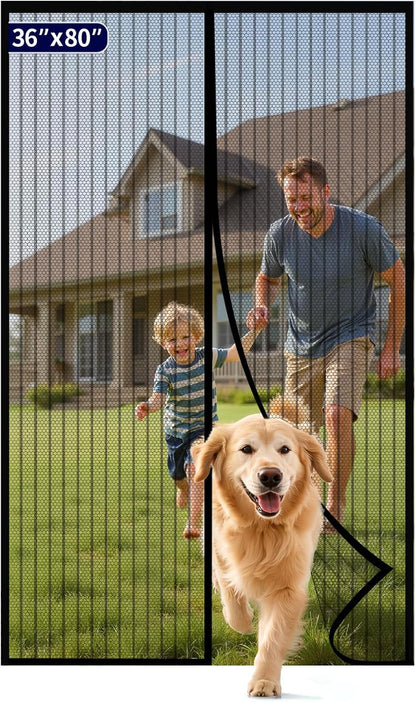 Kitsure Magnetic Screen Door - 38.0 x 82.0 in Retractable Screen Door Mesh for Front Door or Sliding Door, Pet & Kid Friendly, Hands-Free Closure Keeps Bugs Out & Lets Breeze in, Stripe Black